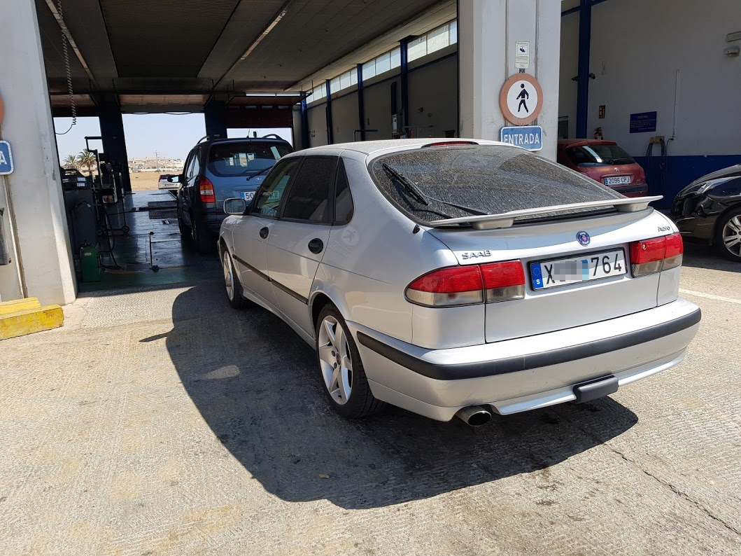 Saab 9-3 from Sweden waits in line to be tested for import Saab in queue at ITV station
